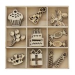 Zestaw drewnianych ozdób/zawieszek urodzinowych komplet 45 sztuk 