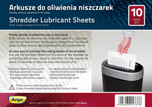 Argo Arkusze do oliwienia niszczarek - opk 10szt www.asan.com.pl