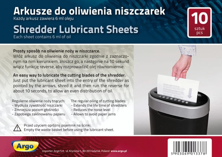 Argo Arkusze do oliwienia niszczarek - opk 10szt www.asan.com.pl