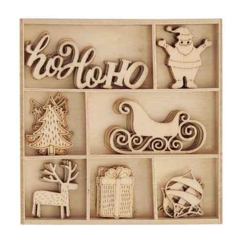 Zestaw drewnianych ozdób/zawieszek świątecznych Pudełko MIKOŁAJ I SANIE - 35szt/opk WWW.ASAN.COM.PL