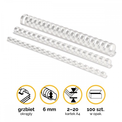 Grzbiety plastikowe 6mm (2-20 kartek) A4/100szt - kolor BIAŁY - Fellowes www.asan.com.pl