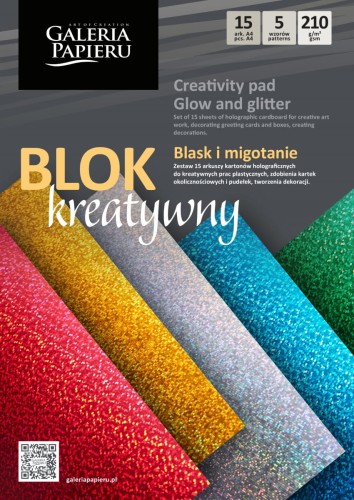 Blok kreatywny – Blask i migotanie A4 210g/m2 - 15 ark. kartonów holograficznych www.asan.com.pl