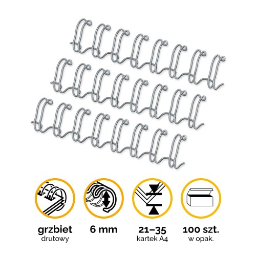 Grzbiety drutowe Fellowes A4 6mm (21-35 kartek) 1/4" skok 3:1 - kolor SREBRNY opk 100szt www.asan.com.pl