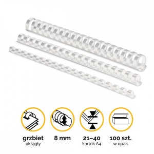 Grzbiety plastikowe do bindowania 8mm (21-40 kartek) A4/100szt - kolor BIAŁY - Fellowes