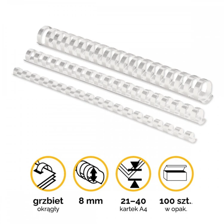 Grzbiety plastikowe do bindowania 8mm (21-40 kartek) A4/100szt - kolor BIAŁY - Fellowes www.asan.com.pl