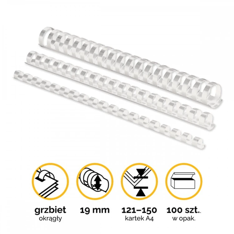 Grzbiety plastikowe do bindowania 19mm (121-150 kartek) A4/100szt - kolor BIAŁY - Fellowes www.asan.com.pl