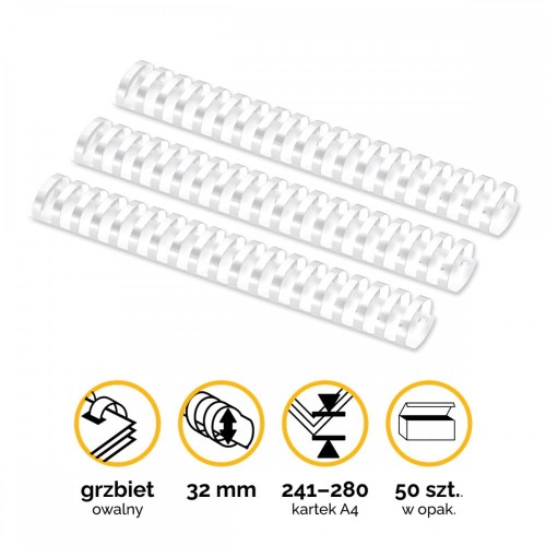 Grzbiety plastikowe do bindowania 32mm (241-280 kartek) A4/50szt - kolor BIAŁY - Fellowes www.asan.com.pl
