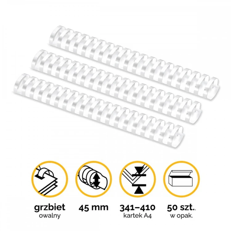 Grzbiety plastikowe do bindowania 45mm (341-410 kartek) A4/50szt - kolor BIAŁY - Fellowes www.asan.com.pl
