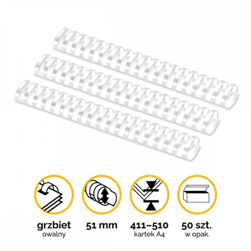Grzbiety plastikowe do bindowania 51mm (411-510 kartek) A4/50szt - kolor BIAŁY - Fellowes www.asan.com.pl