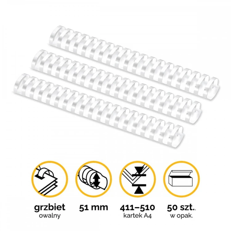 Grzbiety plastikowe do bindowania 51mm (411-510 kartek) A4/50szt - kolor BIAŁY - Fellowes www.asan.com.pl