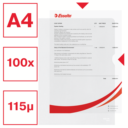 Ofertówki Esselte A4, w 30% z przedużytkowego tworzywa z odzysku - grubość folii : 115µ - opk. 100 szt  www.asan.com.pl