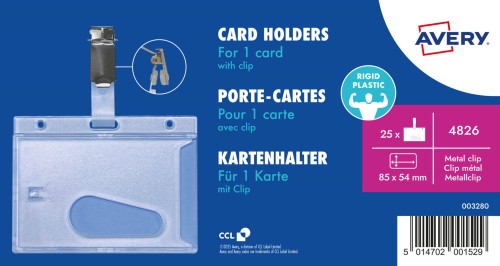 Holder na karty z klipsem 54 x 85 mm plastikowy AVERY - opk 25 sztuk www.asan.com.pl