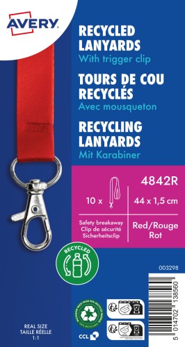 Smycz z karabińczykiem z recyklingowanego PET AVERY Zweckform - 15 x 440 mm, opakowanie 10 sztuk CZERWONY www.asan.com.pl