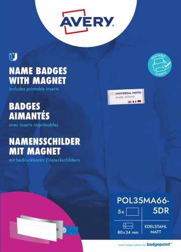 Badgepoint Polar35 - Identyfikator imienny z magnesem smag®, 80 x 34 mm AVERY Zweckform - zestaw 5 identyfikatorów + 16 wymiennych etykiet www.asan.com.pl