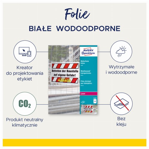 Białe folie wodoodporne do drukarek laserowych i kserokopiarek AVERY Zweckform - format A4 120mic/100ark www.asan.com.pl