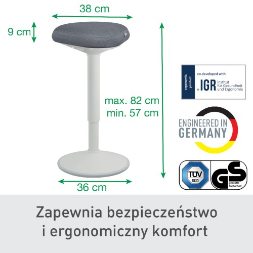 Stołek Leitz Ergo do aktywnego siedzenia w pozycji półstojącej z wygodnym siedziskiem - jasny szary www.asan.com.pl