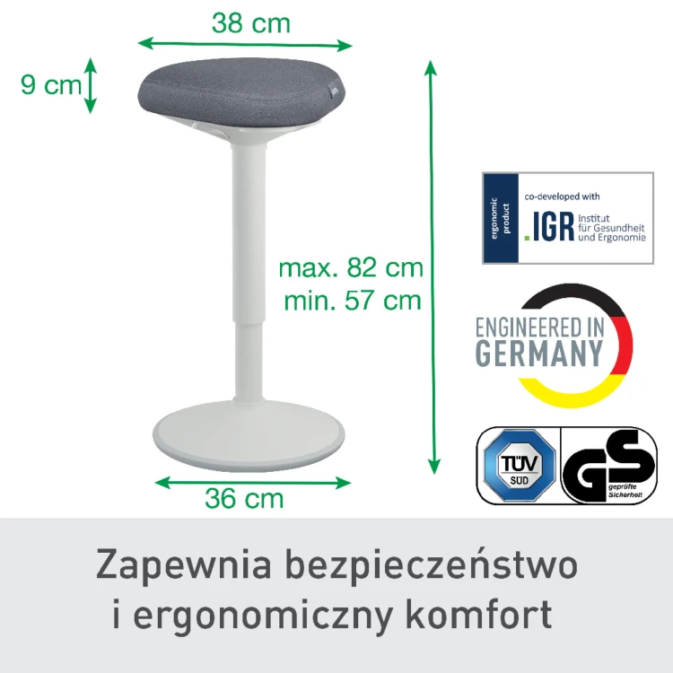 Stołek Leitz Ergo do aktywnego siedzenia w pozycji półstojącej z wygodnym siedziskiem - jasny szary www.asan.com.pl