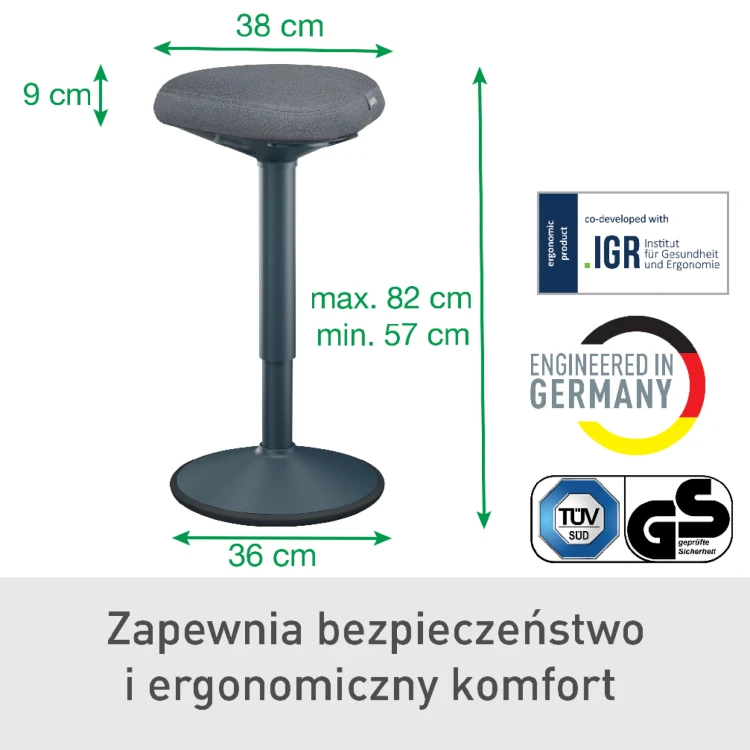 Stołek Leitz Ergo do aktywnego siedzenia w pozycji półstojącej z wygodnym siedziskiem - ciemny szary www.asan.com.pl