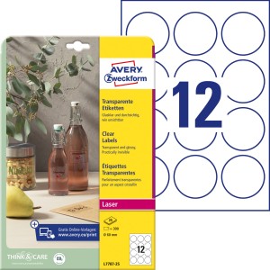Etykiety przeźroczyste  Avery Zweckform Crystal Clear okrągłe, L7787-25 - ⌀ 60 mm A4, 25 arkuszy - przeźroczyste 