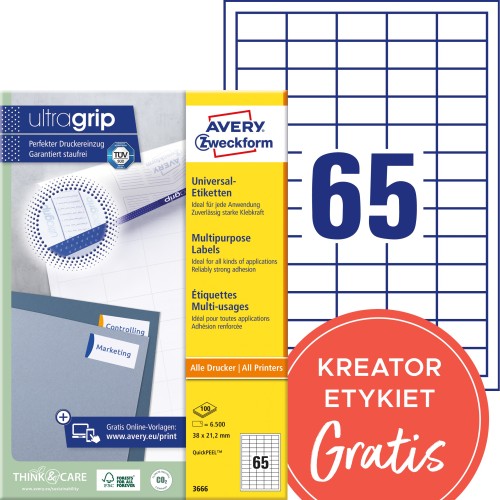 Trwałe etykiety papierowe 38 x 21,2 mm, białe etykiety samoprzylepne, etykiety do druku 100 ark. / op., Avery 3666 www.asan.com.pl