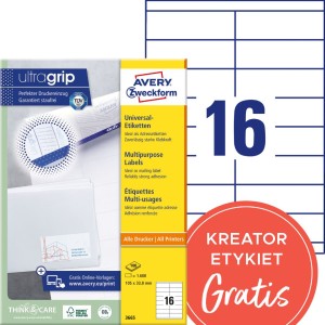 Trwałe etykiety papierowe 105 x 33,8 mm, białe etykiety samoprzylepne, etykiety do druku 100 ark. / op., Avery 3665