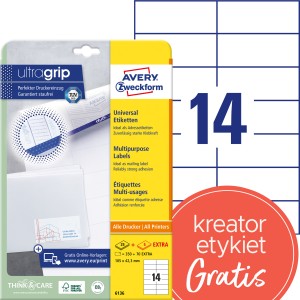 Trwałe etykiety papierowe 105 x 42,3 mm, białe etykiety samoprzylepne, etykiety do druku 30 ark. / op., Avery 6136