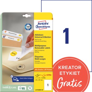 Usuwalne etykiety papierowe 210 x 297 mm, białe etykiety samoprzylepne, etykiety do druku 30 ark. / op., Avery L4735REV-25