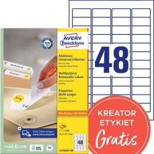 Usuwalne etykiety papierowe 45,7 x 21,2 mm, białe etykiety samoprzylepne, etykiety do druku 100 ark. / op., Avery L4736REV-100