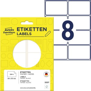 Minietykiety do opisywania ręcznego 54 x 35 mm, trwałe etykiety papierowe, białe etykiety samoprzylepne 224 etyk., 28 ark. /op., Avery 3337