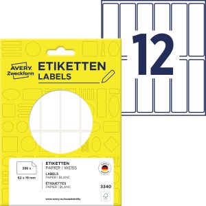 Minietykiety do opisywania ręcznego 62 x 19 mm, trwałe etykiety papierowe, białe etykiety samoprzylepne 396 etyk., 33 ark. /op., Avery 3340