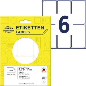 Minietykiety do opisywania ręcznego 66 x 38 mm, trwałe etykiety papierowe, białe etykiety samoprzylepne 174 etyk., 29 ark. /op., Avery 3334