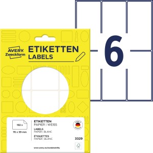 Minietykiety do opisywania ręcznego 76 x 39 mm, trwałe etykiety papierowe, białe etykiety samoprzylepne 192 etyk., 32 ark. /op., Avery 3329