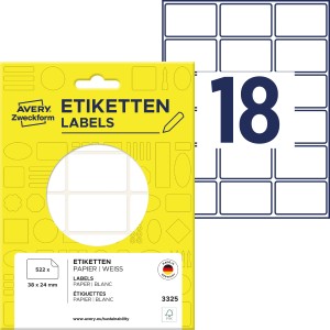 Minietykiety do opisywania ręcznego 38 x 24 mm, trwałe etykiety papierowe, białe etykiety samoprzylepne 522 etyk., 29 ark. /op., Avery 3325