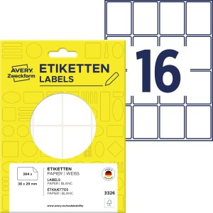 Minietykiety do opisywania ręcznego 38 x 29 mm, trwałe etykiety papierowe, białe etykiety samoprzylepne 384 etyk., 24 ark. /op., Avery 3326