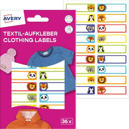 Etykiety naklejki na ubrania AVERY, ETVET36A - 2 arkusze - 36 etykiet - kolorowe www.asan.com.pl