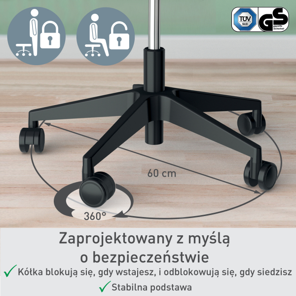 Stołek Leitz Ergo Active, z wygodnym siedziskiem do balansowania, na kółkach - Szaro-czarny www.asan.com.pl