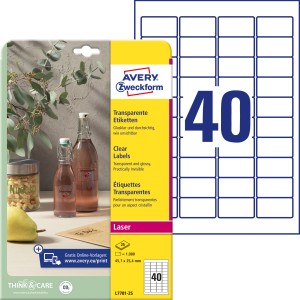 Etykiety foliowe Avery L7781-25 -  45,7 x 25,4 mm,  25 arkuszy - przeźroczyste