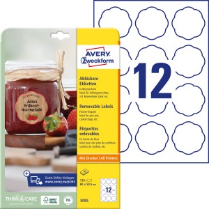 Etykiety papierowe w kształcie kwiatu  Avery 5085 - 60 x 59,5 mm, 10 arkuszy - biały