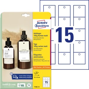 Metki kartonowe mikroperforowane, zawieszki Avery T1002-10 - 50 x 50 mm, 185 g, 10 arkuszy - biały