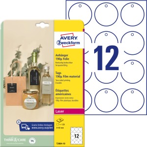 Metki foliowe okrągłe Avery T3004-10 - Ø 60 mm, 190µ, 10 arkuszy - biały