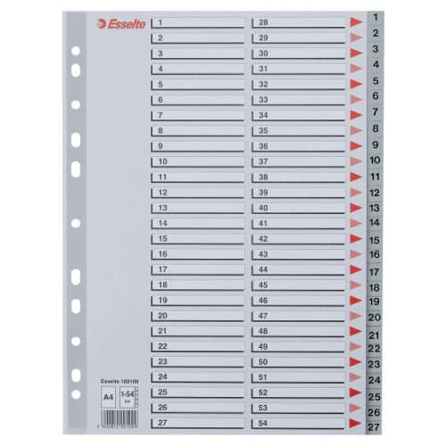Przekładki na dokumenty Esselte - 54 zadrukowane numerycznie indeksy (1-54) format A4 / opk 54szt - szary www.asan.com.pl