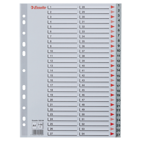 Przekładki na dokumenty Esselte - 54 zadrukowane numerycznie indeksy (1-54) format A4 / opk 54szt - szary www.asan.com.pl