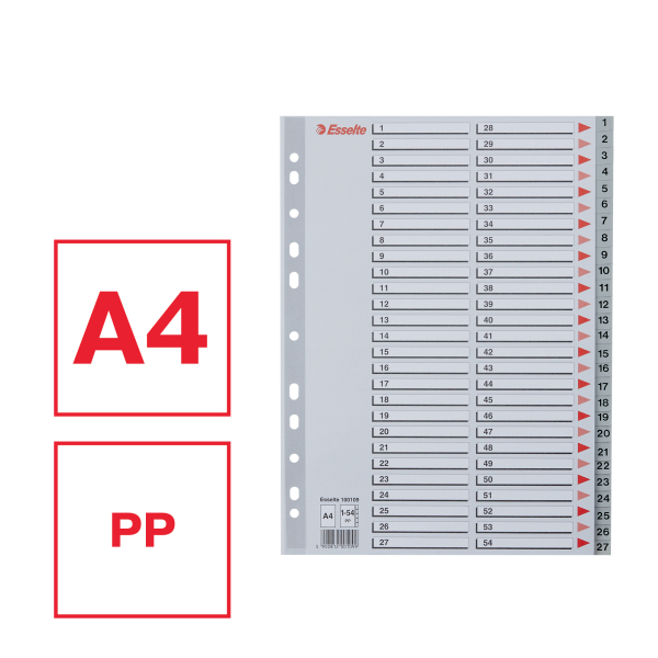 Przekładki na dokumenty Esselte - 54 zadrukowane numerycznie indeksy (1-54) format A4 / opk 54szt - szary www.asan.com.pl