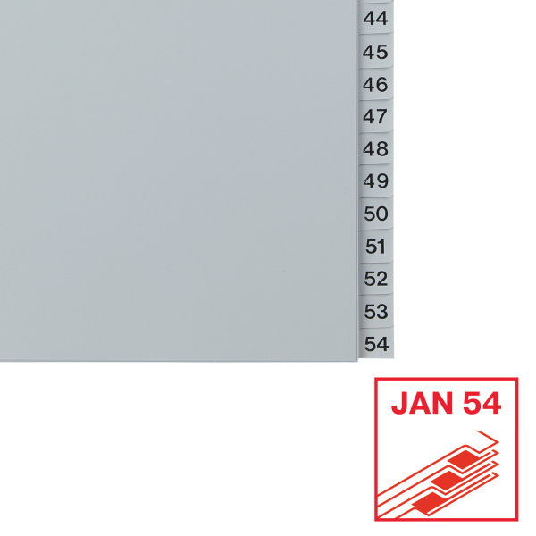 Przekładki na dokumenty Esselte - 54 zadrukowane numerycznie indeksy (1-54) format A4 / opk 54szt - szary www.asan.com.pl