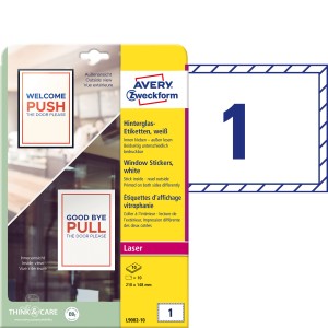 Naklejki na szyby  Avery L9002-10 - 210 x 148 mm, 10 arkuszy - biały 