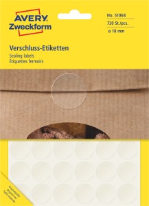 Naklejki do zaklejania opakowań okrągłe Avery 51068 - Ø 18 mm, 15 ark., 720 naklejek - przeźroczysty