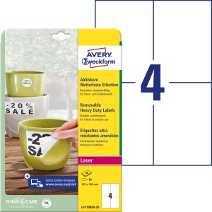 Etykiety foliowe, wodoodporne, usuwalne  Avery L4719REV-20  /105 x 148 mm, 20 arkuszy - biały