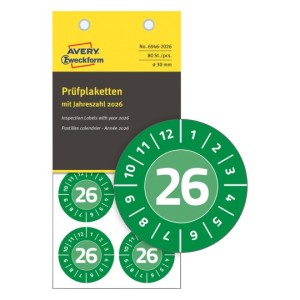 Tabliczki znamionowe, naklejki serwisowe 2026 NoPeel do opisu ręcznego, etykiety wodoodporne Avery 6946-2026 / Ø 30 mm, 80 szt., 10 arkuszy - zielony