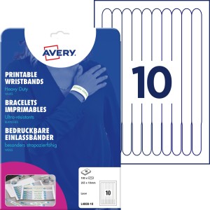 Opaski identyfikacyjne na nadgarstki do zadruku, folia Avery L4000-10 /  265 x 18 mm, A4, 10 arkuszy - biały