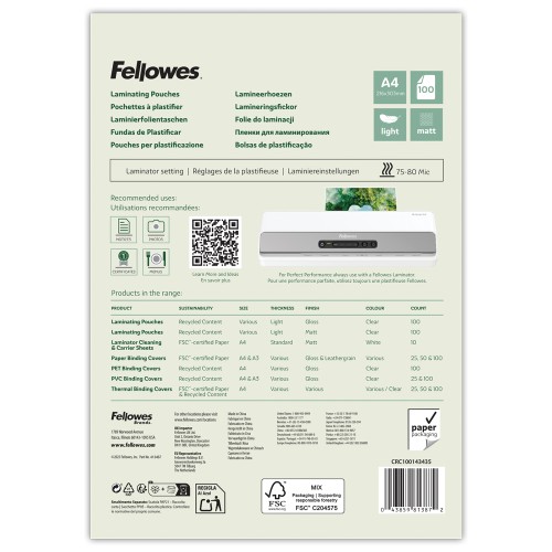 Eco™ Folie do laminacji A4 Light (matowe) ekologiczne – opk. 100 sztuk Fellowes www.asan.com.pl